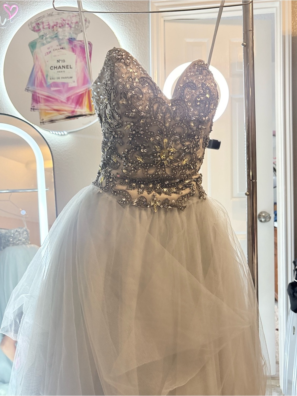 Terani Couture Silver Embellished Tulle Party Dress - Picture 1 of 7